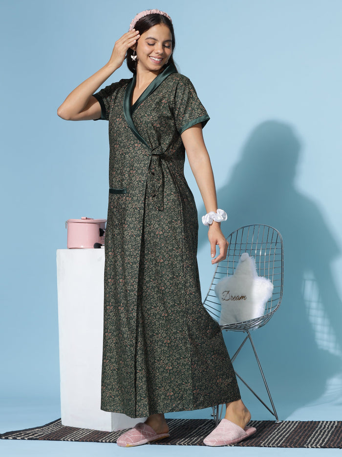 Trendy Viscose Blend Green Housecoat for Women
