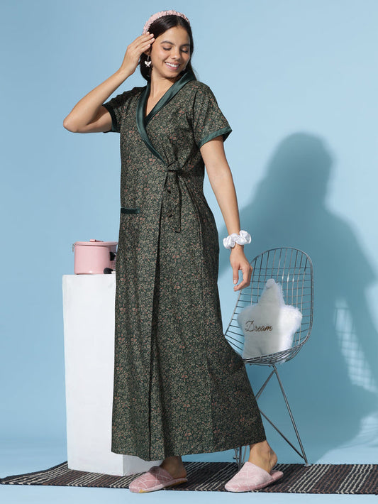 Trendy Viscose Blend Green Housecoat for Women