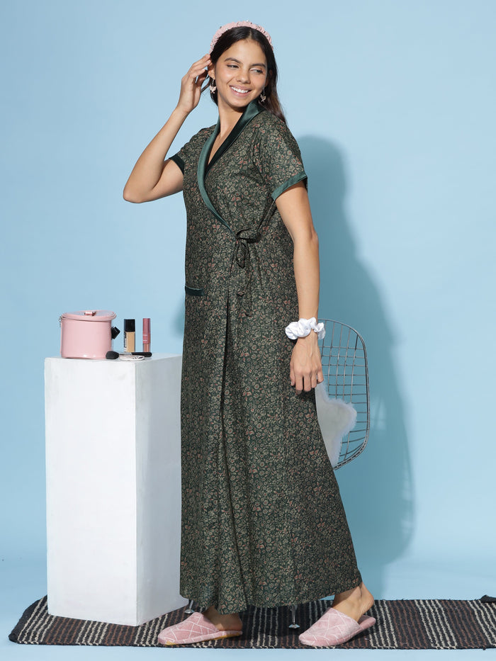 Trendy Viscose Blend Green Housecoat for Women