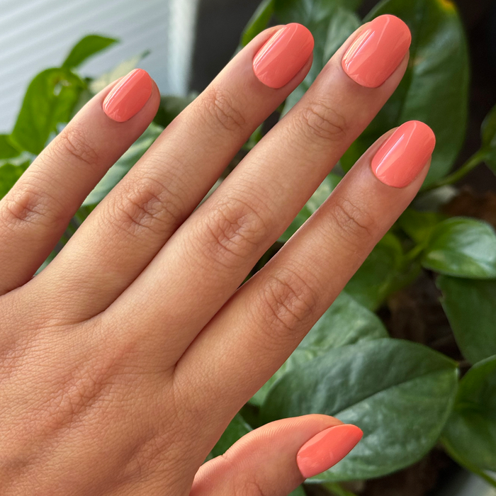 Frolic | Extra Short | Round - Tab Press-On nails in bright orangey coral shade for easy at-home mani use