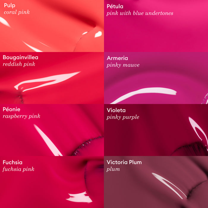 A grid of eight pink and purple Manucurist Green™ nail polishes—including fuchsia and pinky purple hues—each labeled: Pulp, Pétula, Bougainvillea, Armeria, Pivoine, Violeta, Fuchsia, and Victoria Plum.