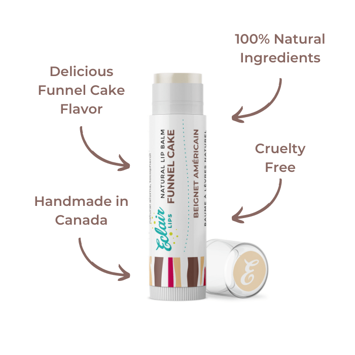 Lip balm tube labeled Funnel Cake with cap.