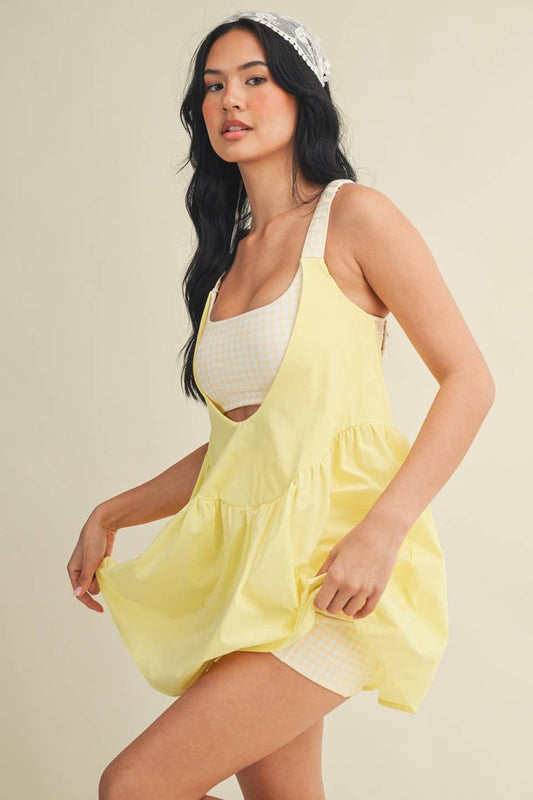Gingham Print Double Layered Play Dress: Lemon
