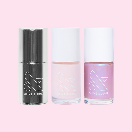 Glazed Donut Set with three nail polish bottles in soft pink and iridescent mauve shades by Olive and June