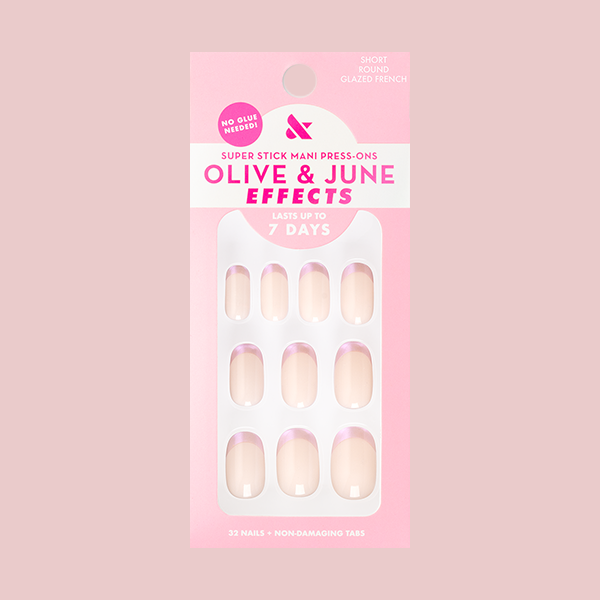 Glazed French | Short | Round - Tab Press-On nails with shimmering chrome French tips in short round shape packaging