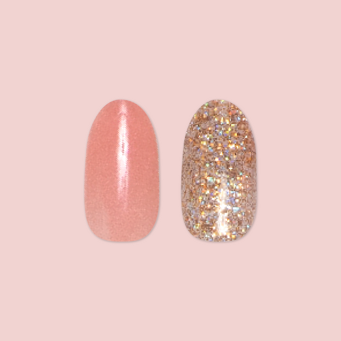 Glitter Accent - Press-On | Medium | Oval false nails with neutral jelly and sparkling gold glitter for a polished mani look