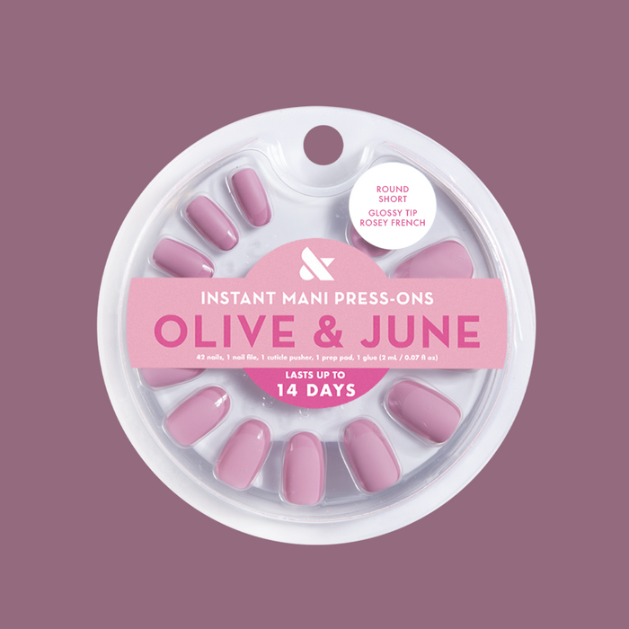 Glossy Tip Rosy French - Press-On | Short | Round false nails with matte rosy base and glossy french tips for easy at-home mani