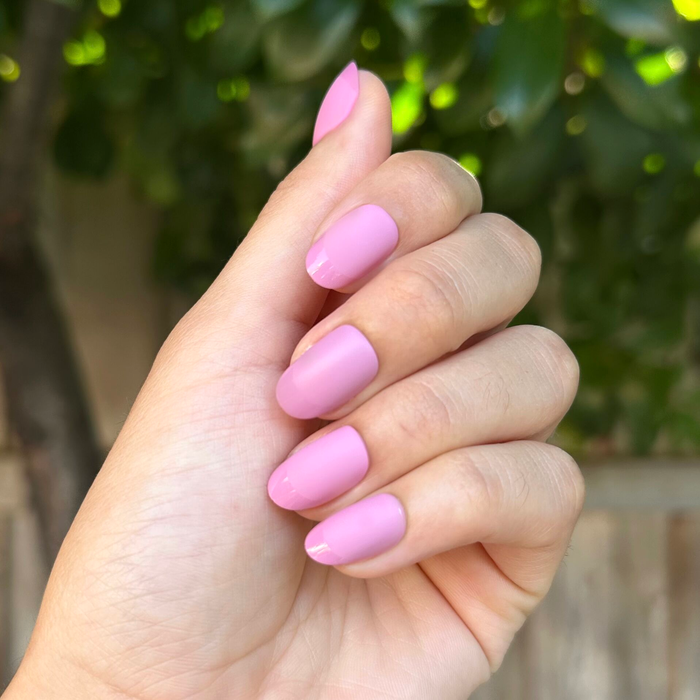 Glossy Tip Rosy French - Press-On | Short | Round short round nails with matte rosy base and subtle glossy french tips for easy mani