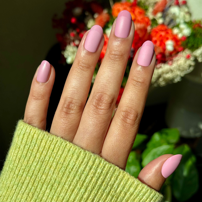 Glossy Tip Rosy French - Press-On | Short | Round matte rosy base with subtle glossy french tips for easy at-home manicure