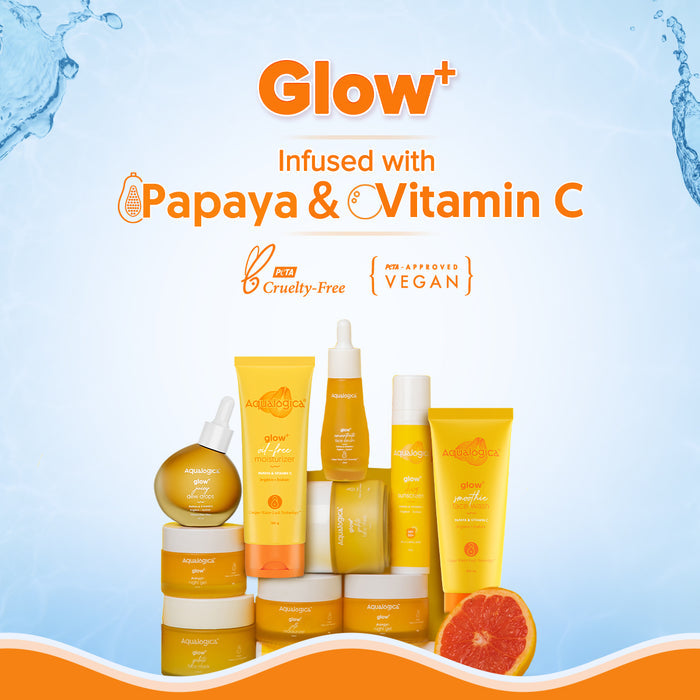 Glow+ range with papaya and vitamin C skincare products