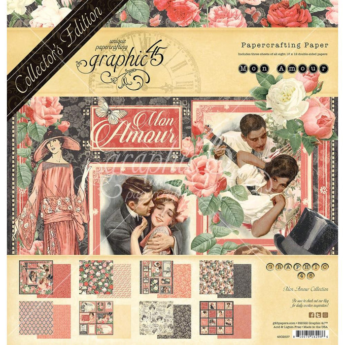 Graphic 45 - Collector's Edition Pack 12"X12" - Mon Amor. The perfect addition to your cards, scrapbooks and other paper crafts! This package contains 24 12x12 inch double-sided papers in 12 designs (two of each design). Archival quality. Made in USA. Available at Embellish Away located in Bowmanville Ontario Canada.