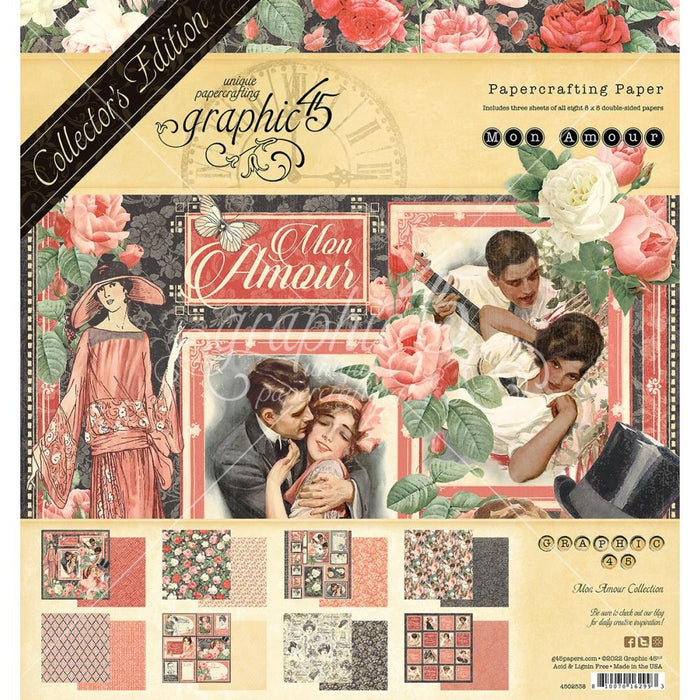 Graphic 45 - Collector's Edition Pack 8"X8" - Mon Amor. The perfect addition to your cards, scrapbooks and other paper crafts! This package contains 24 8x8 inch double-sided papers in 12 designs (two of each design). Archival quality. Made in USA. Available at Embellish Away located in Bowmanville Ontario Canada.