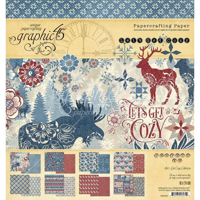 Graphic 45 - Double-Sided Paper Pad 8"X8" - 24/Pkg - Let's Get Cozy. The perfect addition to all your paper crafting projects! Package includes: 24 double-sided 8x8 inch sheets; 3 each of 8 designs. Cover-weight papers are acid and lignin free. Available at Embellish Away located in Bowmanville Ontario Canada