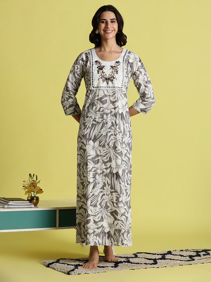 Grey embroidered pure cotton nighty for women with pocket