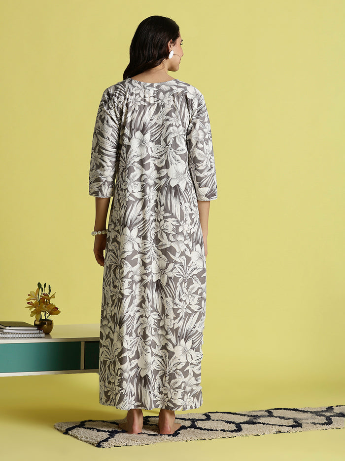 Grey embroidered pure cotton nighty for women with pocket