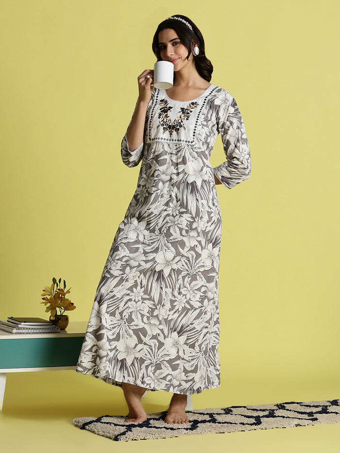 Grey embroidered pure cotton nighty for women with pocket