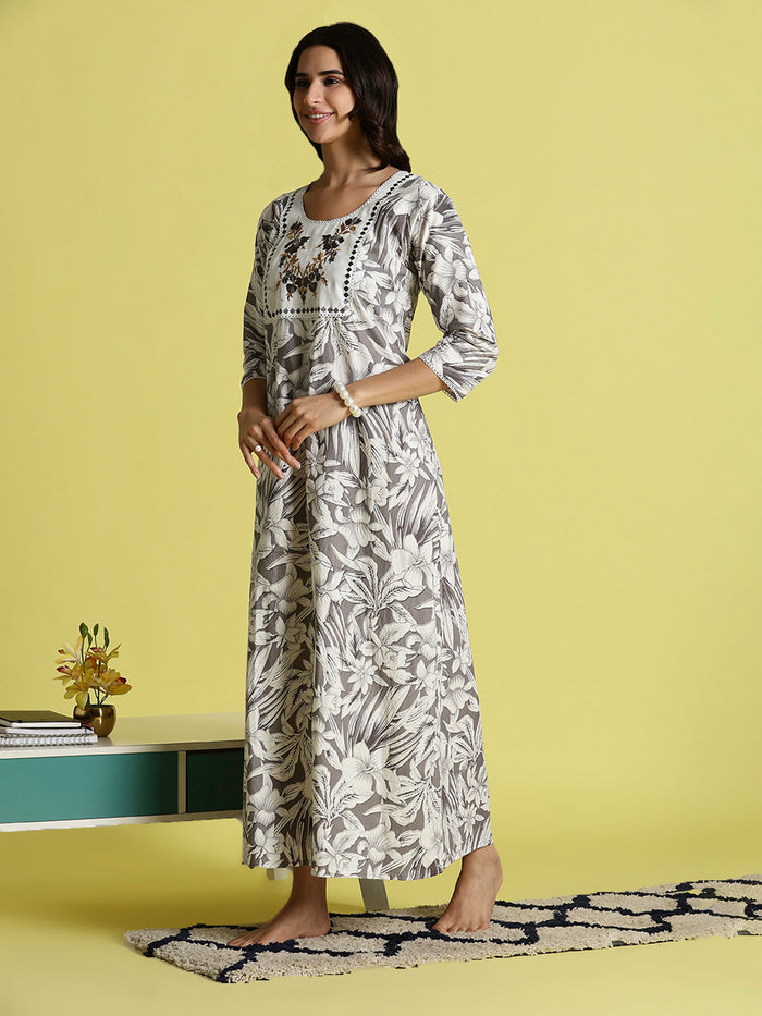 Grey embroidered pure cotton nighty for women with pocket