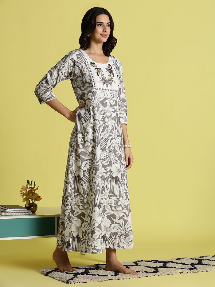 Grey embroidered pure cotton nighty for women with pocket