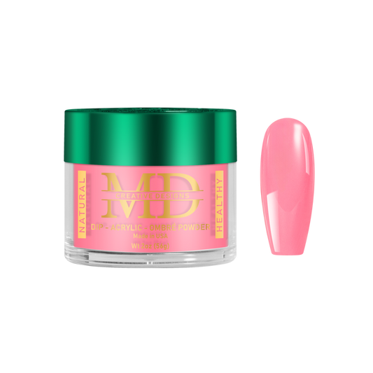 Jar of MD acrylic powder with a pink nail tip color swatch on a white background