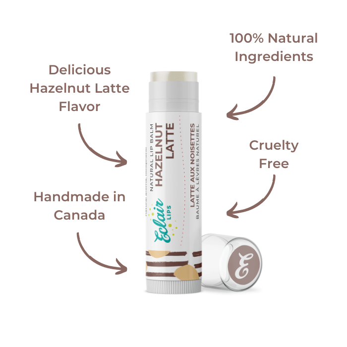 Lip balm tube labeled Hazelnut Latte with lid.