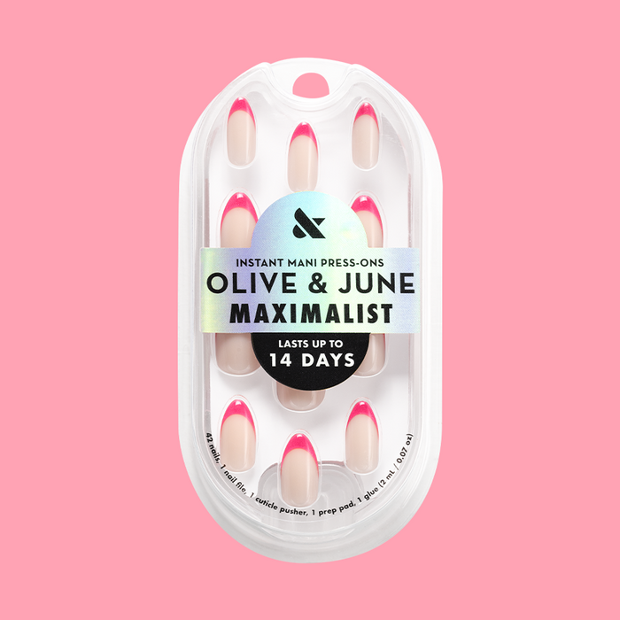 Hot Strawberry Velvet French - Press-On | Medium | Almond with neon pink velvet french tips for easy at-home mani
