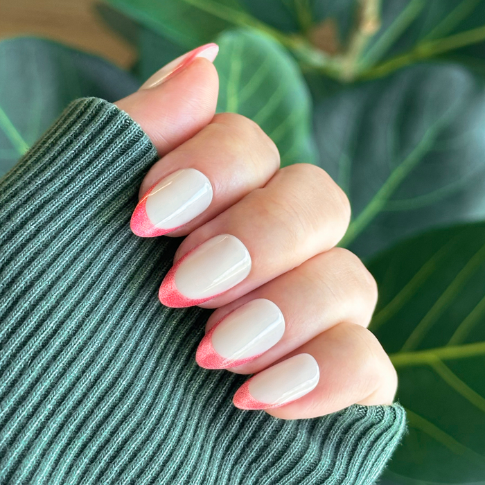Hot Strawberry Velvet French - Press-On | Medium | Almond nails with neon pink velvet tips for easy at-home manicure