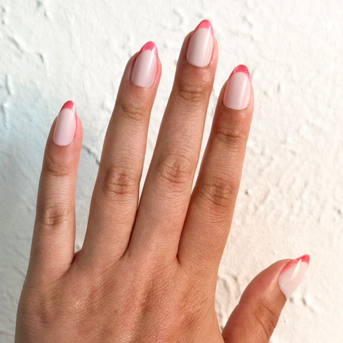 Hot Strawberry Velvet French - Press-On | Medium | Almond with neon pink velvet shimmer French tips for easy at-home manicure