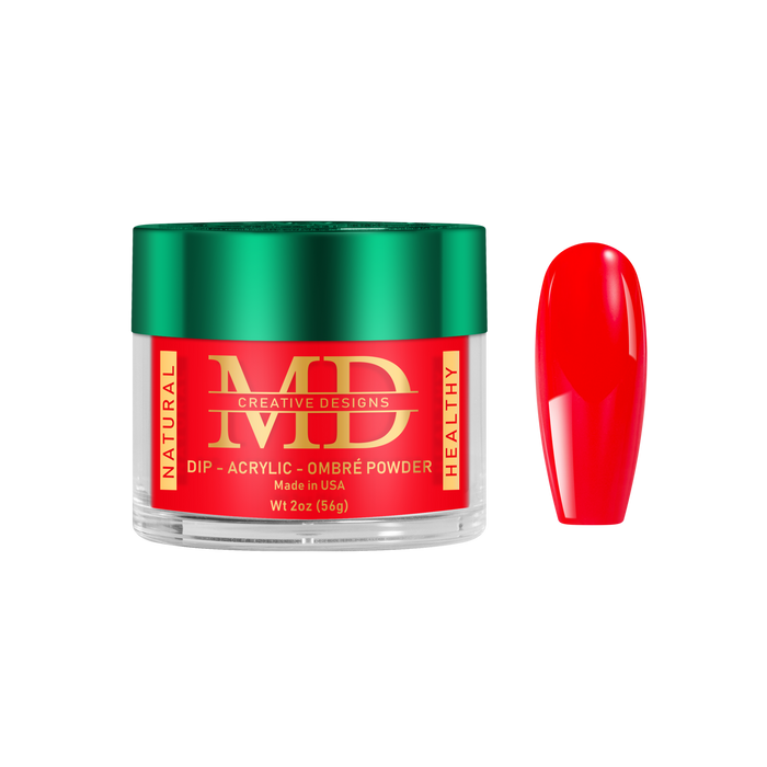 Red nail powder in a container with a matching red nail tip color swatch on a white background