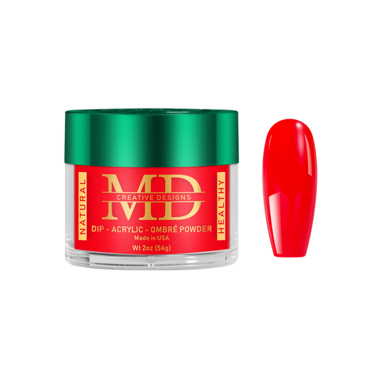 Red nail powder in a container with a matching red nail tip color swatch on a white background