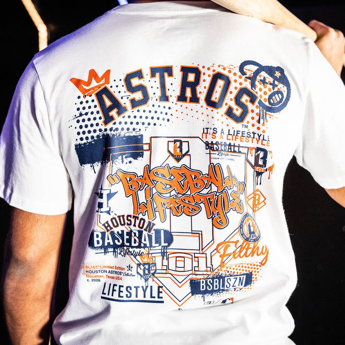 Adult model wearing white graphic tee with "Houston Astros Drip" design