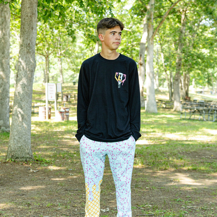 Adult model wearing ice Cream Long Sleeve Cotton Candy graphic tee
