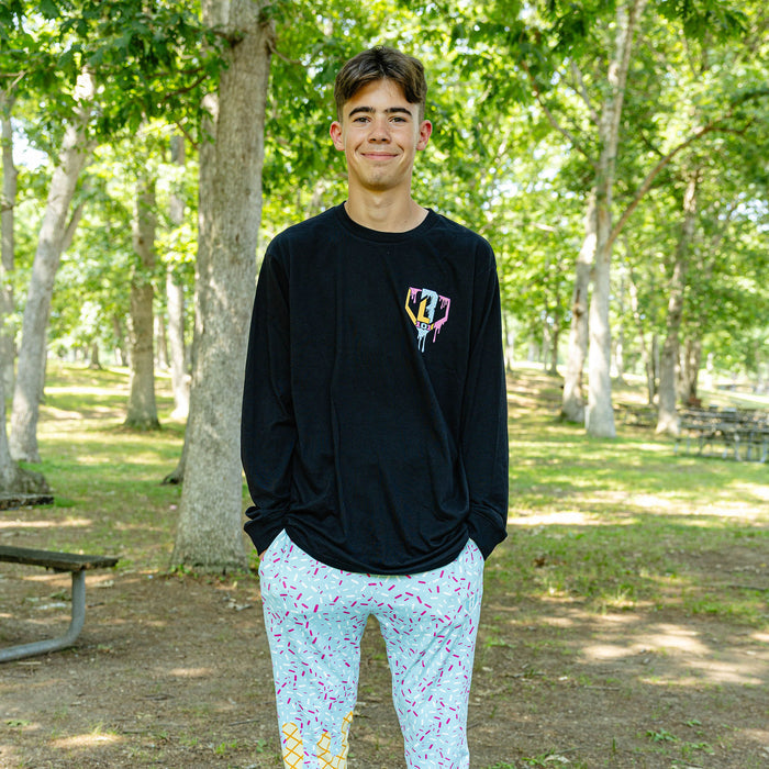 Adult model wearing ice Cream Long Sleeve Cotton Candy graphic tee