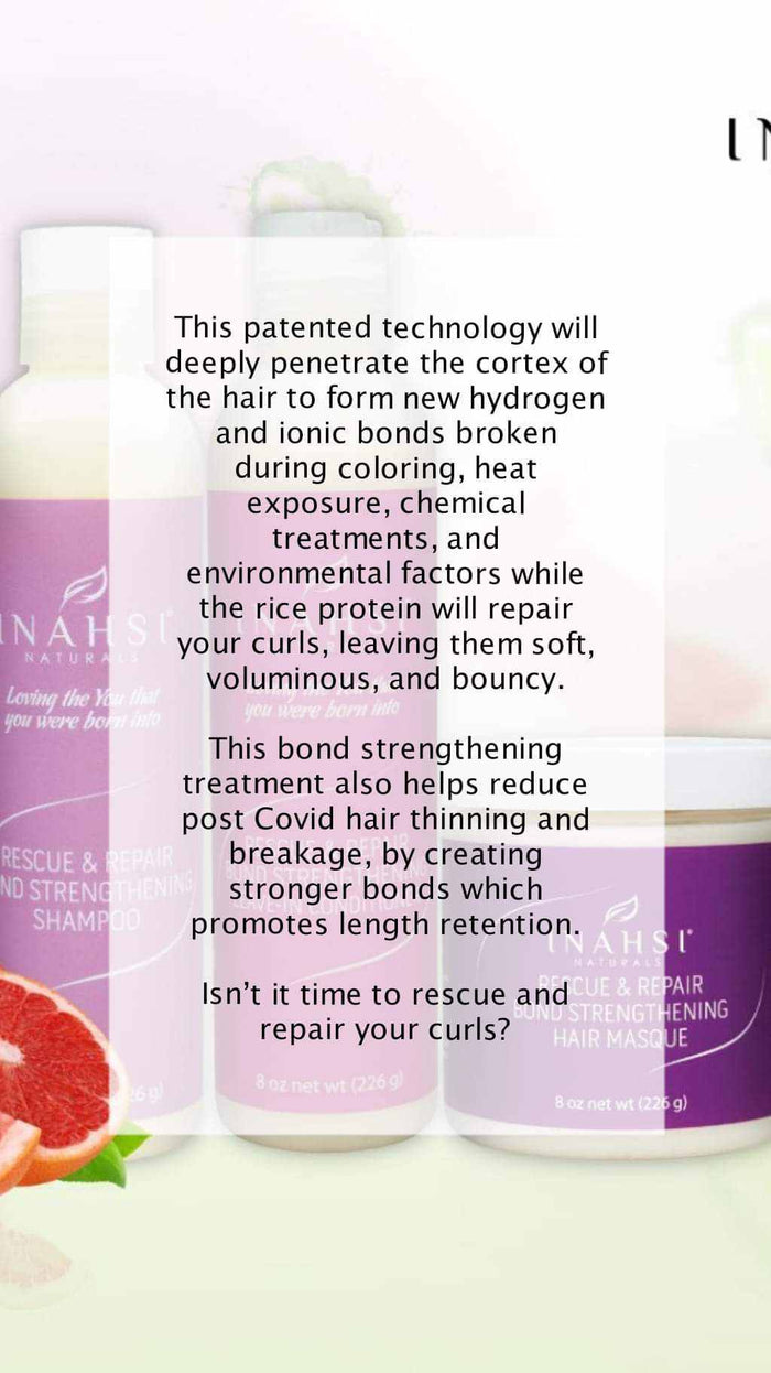 Inahsi Rescue & Repair hair masque with patented bond strengthening technology for deep repair and curl enhancement