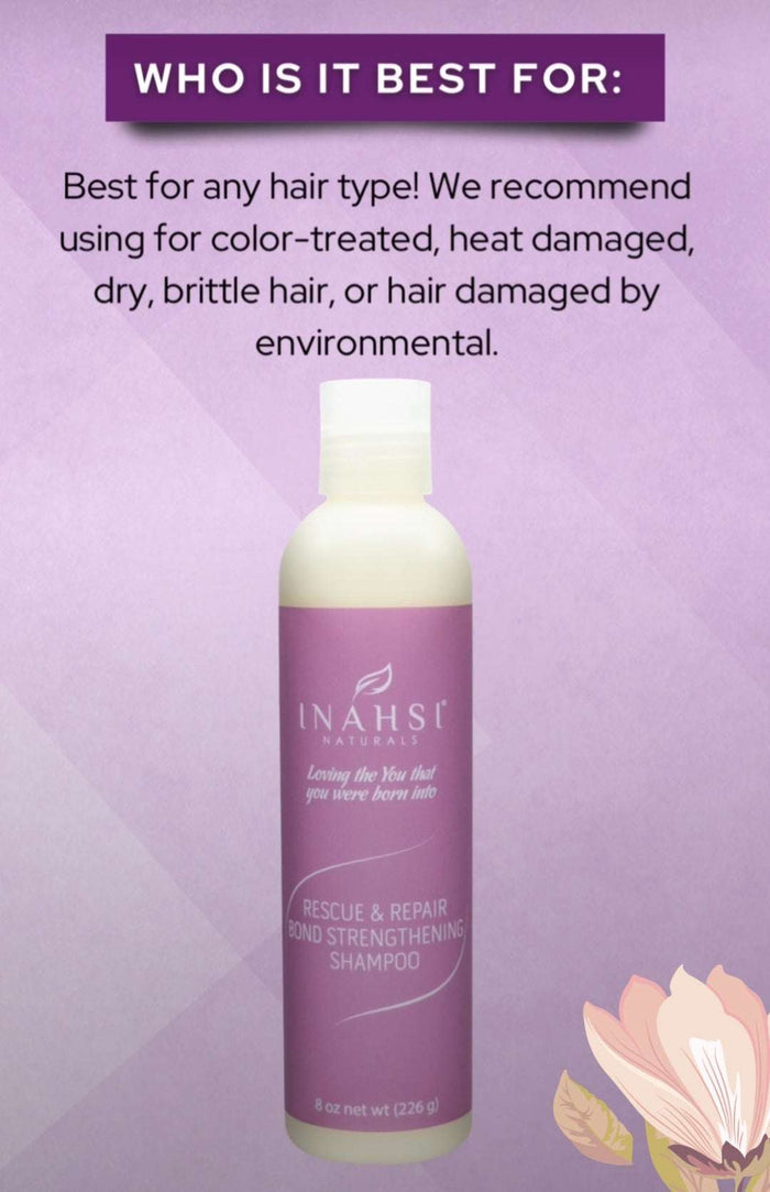 Inahsi Rescue & Repair Bond Strengthening Shampoo bottle for damaged, color-treated, and heat-affected hair on purple background