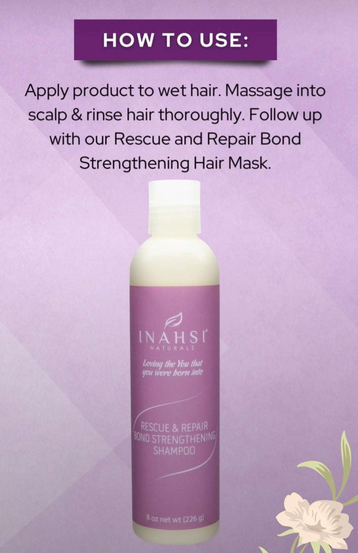 Inahsi Rescue & Repair Bond Strengthening Shampoo bottle with usage instructions on a purple background