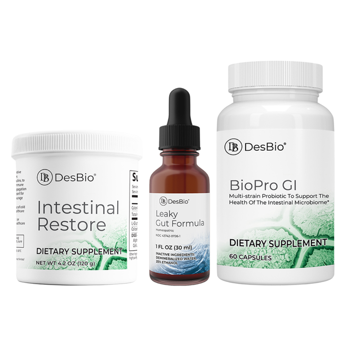 Intestinal Support Kit combines DesBio’s most powerful nutraceuticals and probiotics to support digestive health along with a homeopathic to temporarily relieve the uncomfortable symptoms that often accompany GI distress.