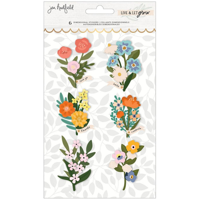 Jen Hadfield - Live & Let Grow - Layered Stickers - 6/Pkg - Floral W/Gold Foil. Available at Embellish Away located in Bowmanville Ontario Canada.