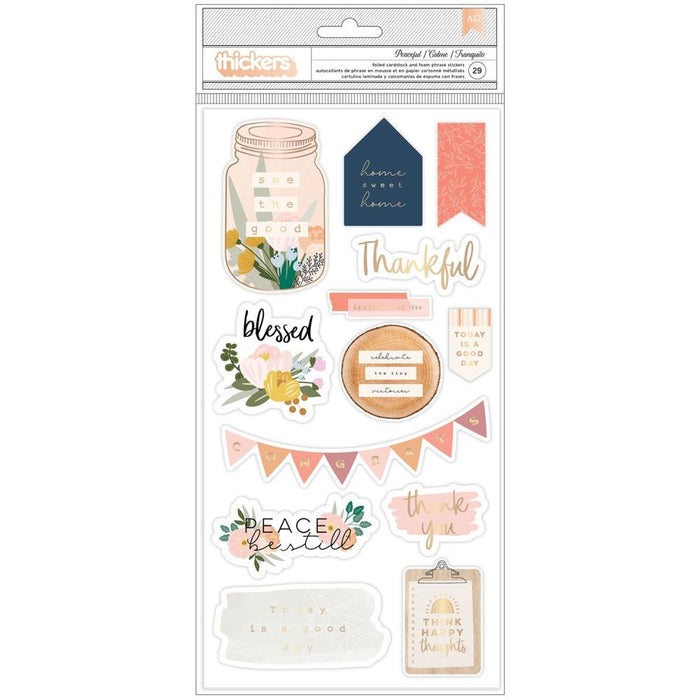 American Crafts - Jen Hadfield - Peaceful Heart - Thickers Stickers - 134/Pkg - Phrase. Imported. Available at Embellish Away located in Bowmanville Ontario Canada.