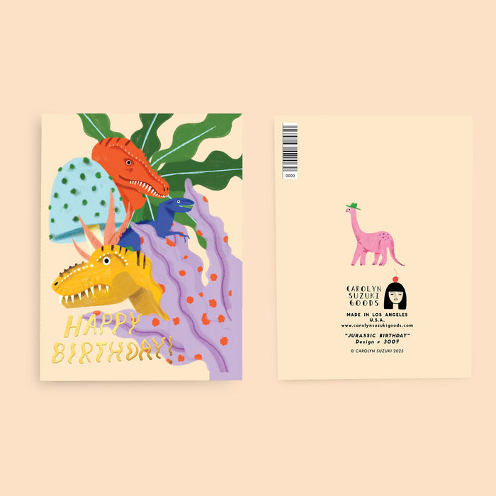 Birthday card set: dinosaur foil front and back with pink dinosaur and barcode