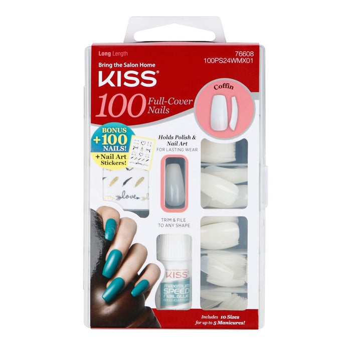 Kiss Full Cover Nails 100 Tips Long Length Coffin - ikatehouse