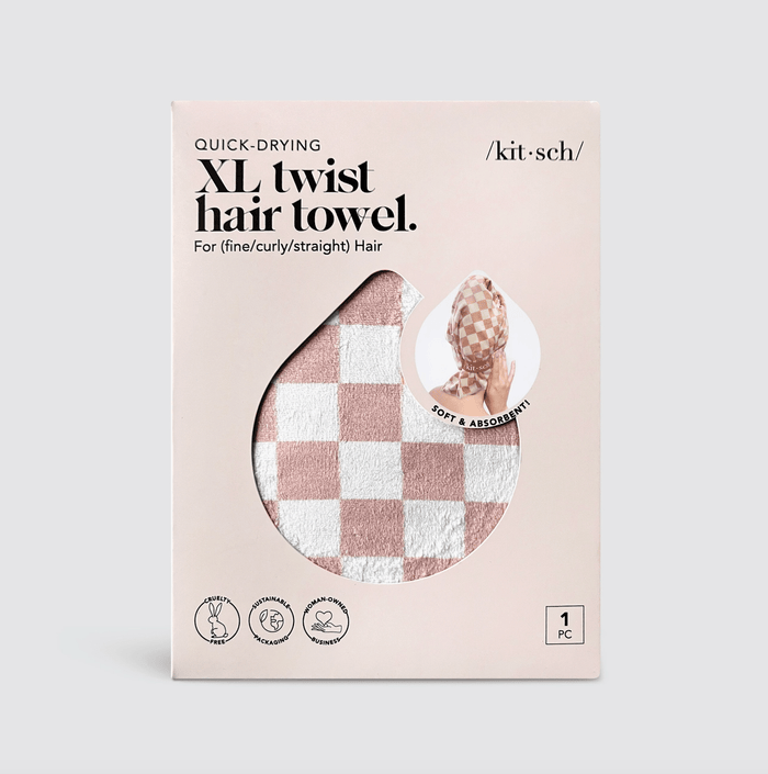 Kitsch - Extra Large Quick Dry Hair Towel Wrap - Terracotta Checker - Aesthetics By Kell