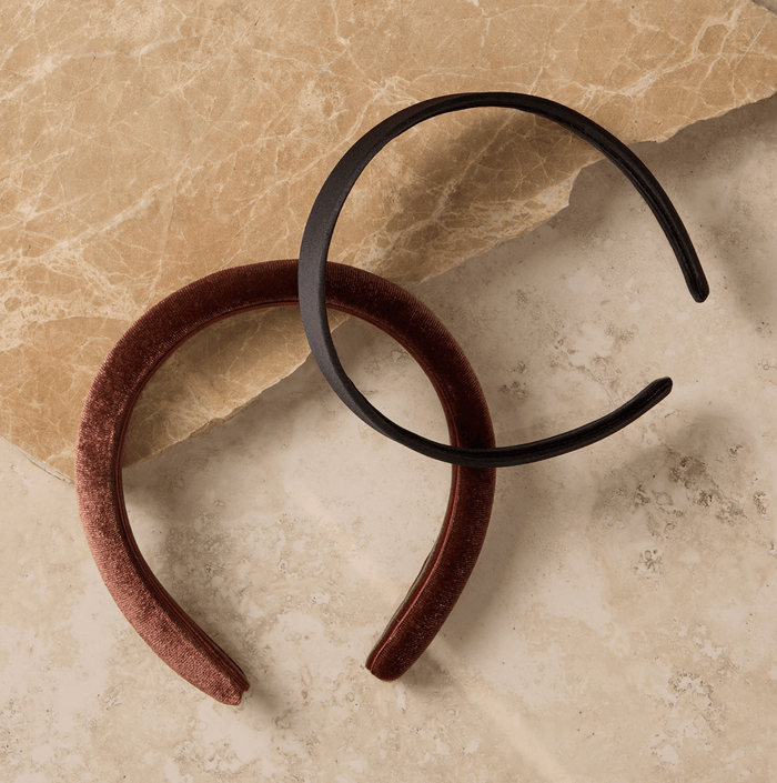 Kitsch Recycled Fabric Satin & Velvet Headbands 2pc Set - Black/Choco - Aesthetics By Kell