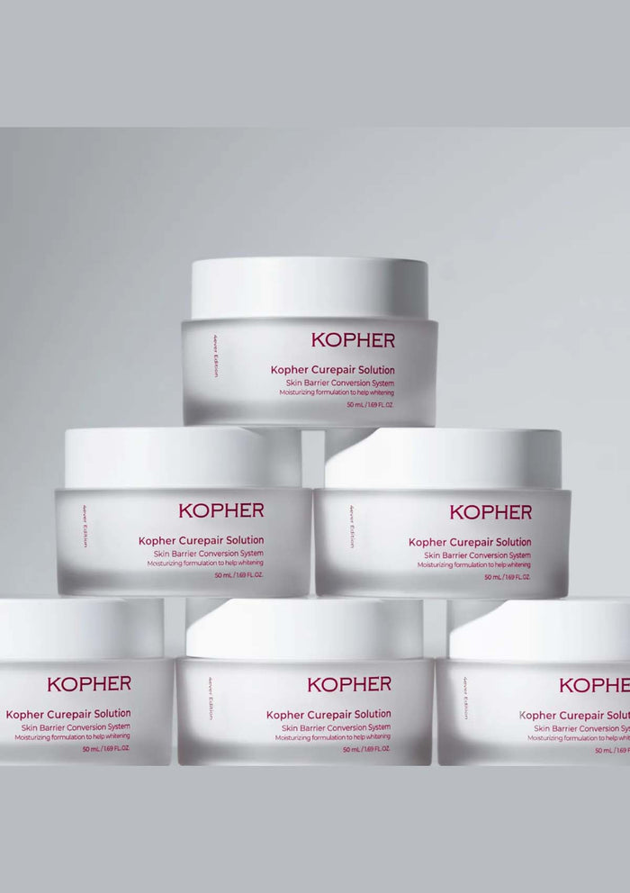 KOPHER skincare products on a gray background