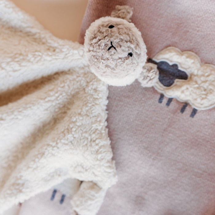 Lamb Sherpa Lovey on Pink Wooly Lamb Baby Blanket by Viverano Organics