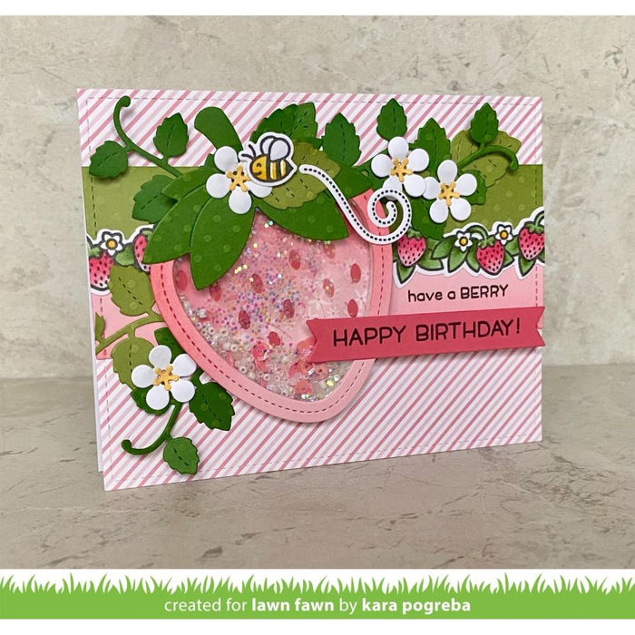 Lawn Fawn - Cuts Custom Craft Die - Stitched Strawberry Frame. Available at Embellish Away located in Bowmanville Ontario Canada. Card design by Kara Pogreba.