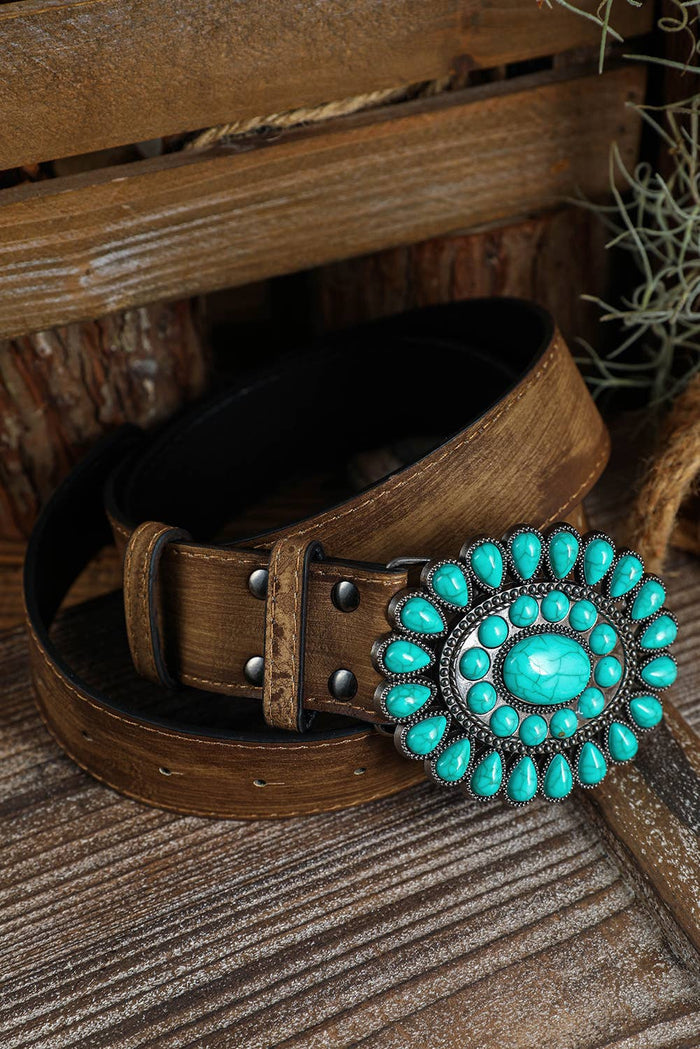 Western turquoise decor belt by Little Daisy Closet featuring retro wide design and detailed turquoise accents.