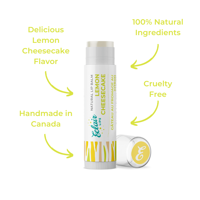 Lip balm tube with Lemon Cheesecake label.