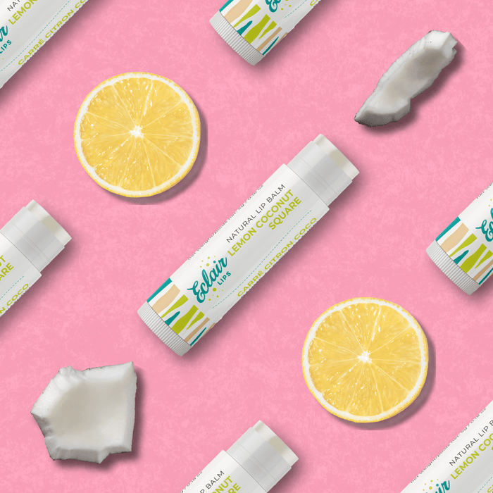 Flatlay of Lemon Coconut Square lip balm with lemon and coconut
