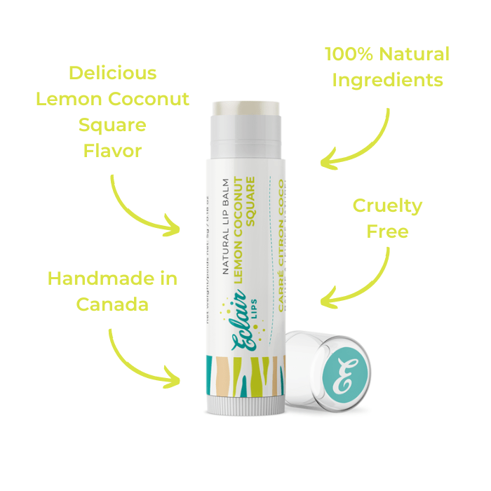 Lip balm tube with lemon coconut flavor.