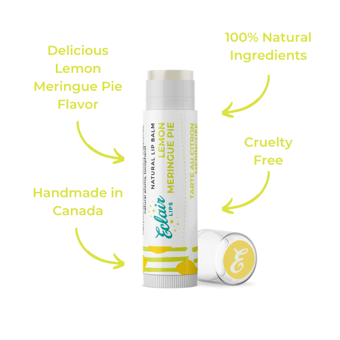 Lip balm tube with Lemon Meringue Pie label and cap.